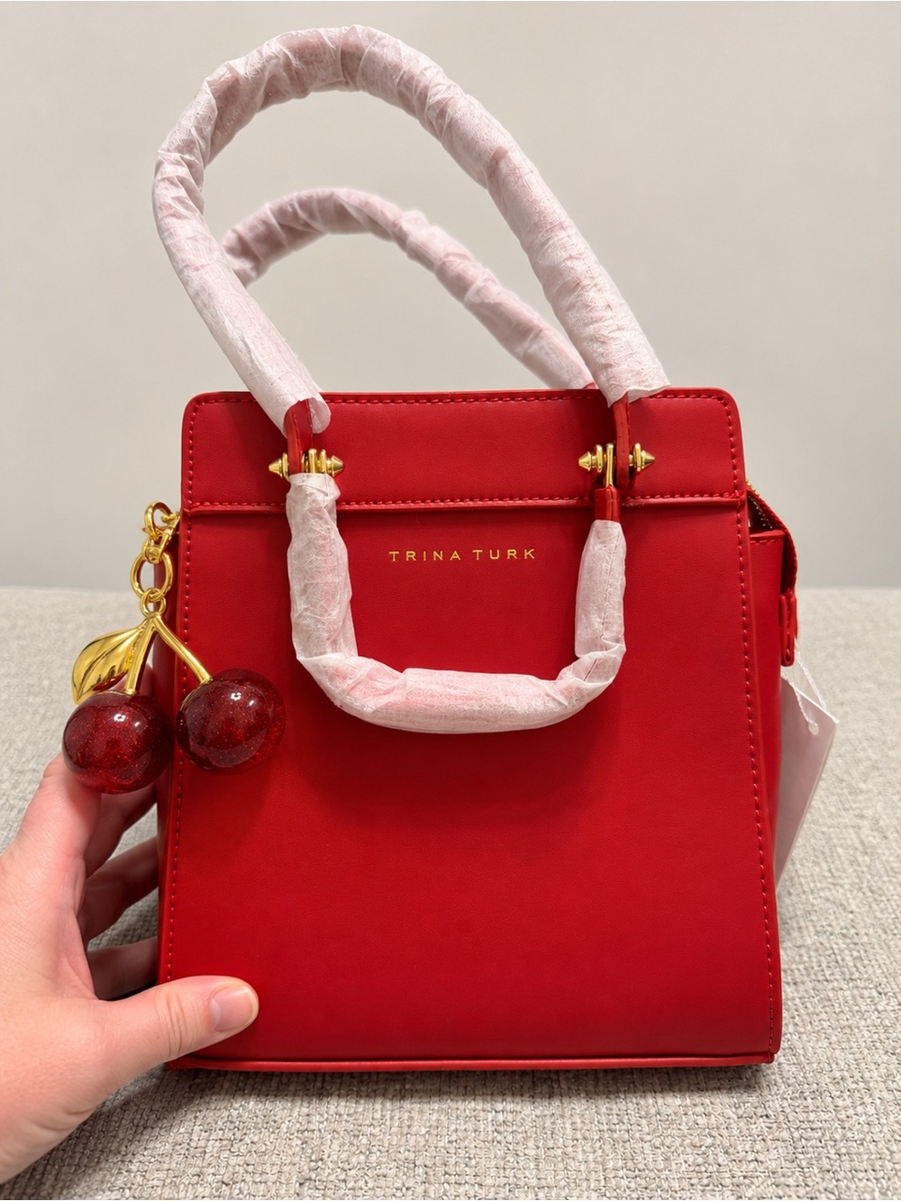 NWT Trina Turk Red Mini Satchel Crossbody Bag Cherry Charm Gold Hardware